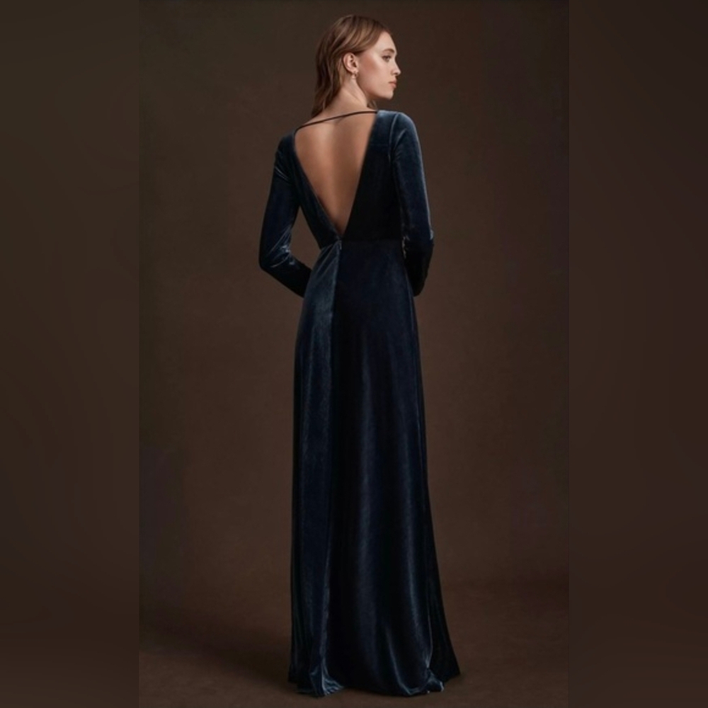 BHLDN Jenny Yoo Ryland Velvet Blue Maxi Dress Long Sleeve - Picture 2 of 2
